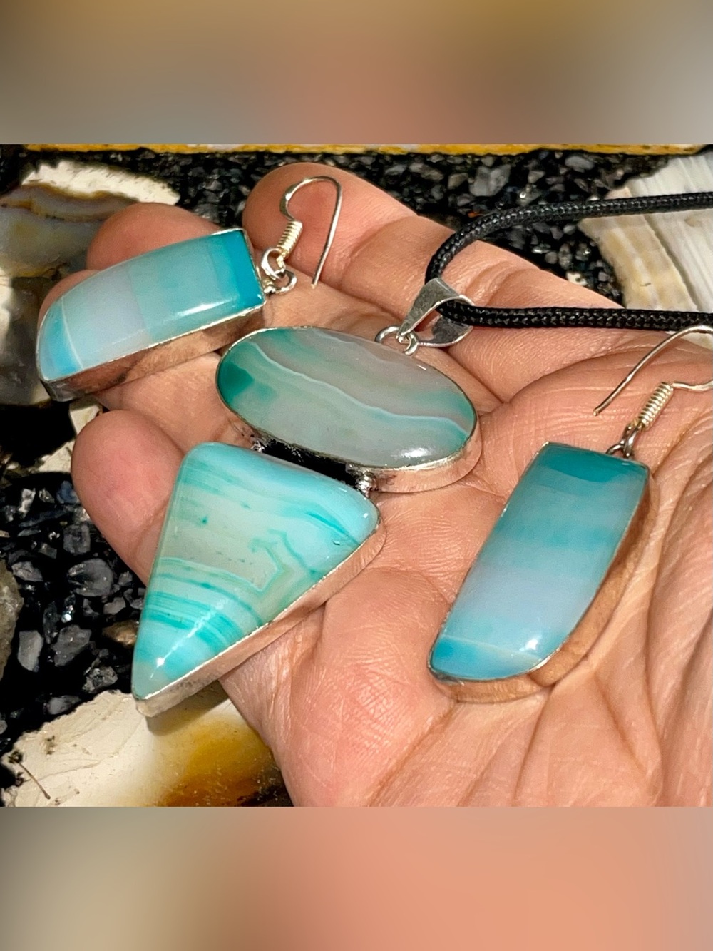 Blue Green Botswana Agate Pendant & Earrings